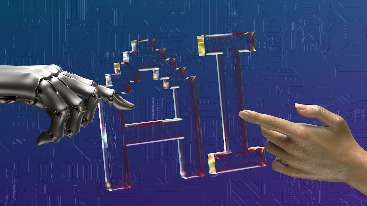 Robot and human hands reaching toward AI lettering against a blue circuit pattern